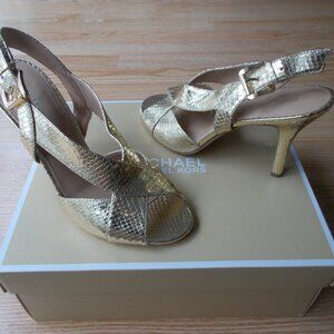 Michael Kors Becky Sandals Slingbacks Heels Strappy Gold Snake Buckle